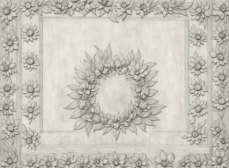 Bleistiftzeichnung im Retrolook mit Blumenkranz und einem Rahmen aus Blüten und Blättern. Graustufen.