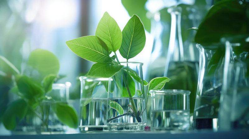 Grüne Pflanzen in Glasvasen in einem Labor